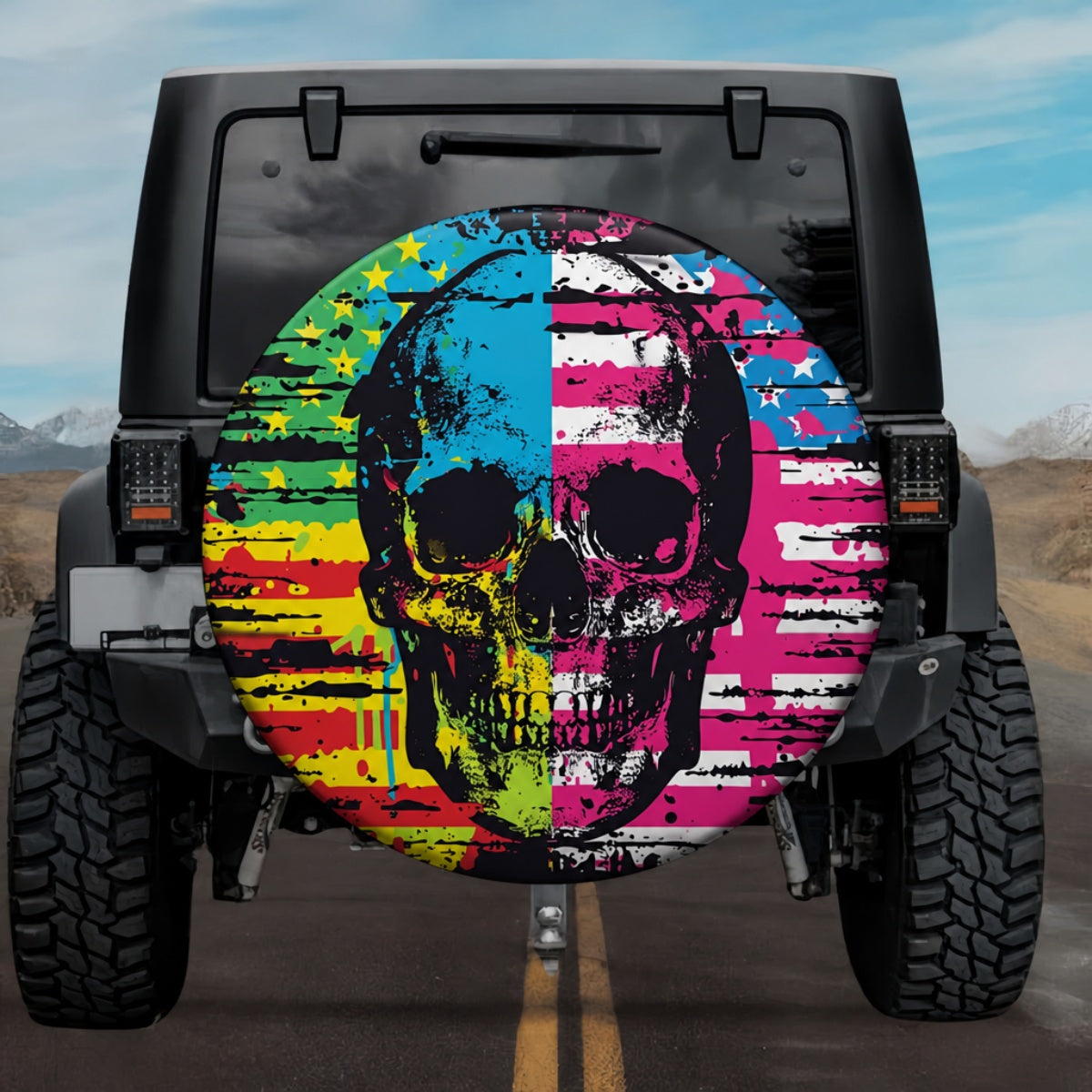 Pop Art Split-Color Skull American Flag Spare Tire Cover