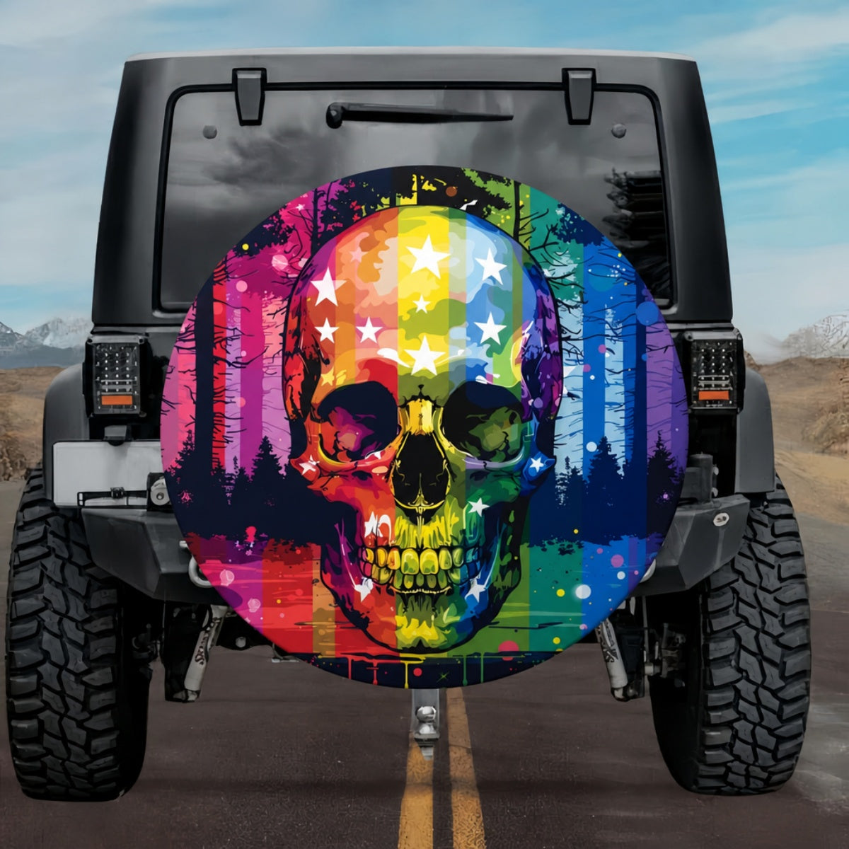 Psychedelic Rainbow Skull & Stars Spare Tire Cover