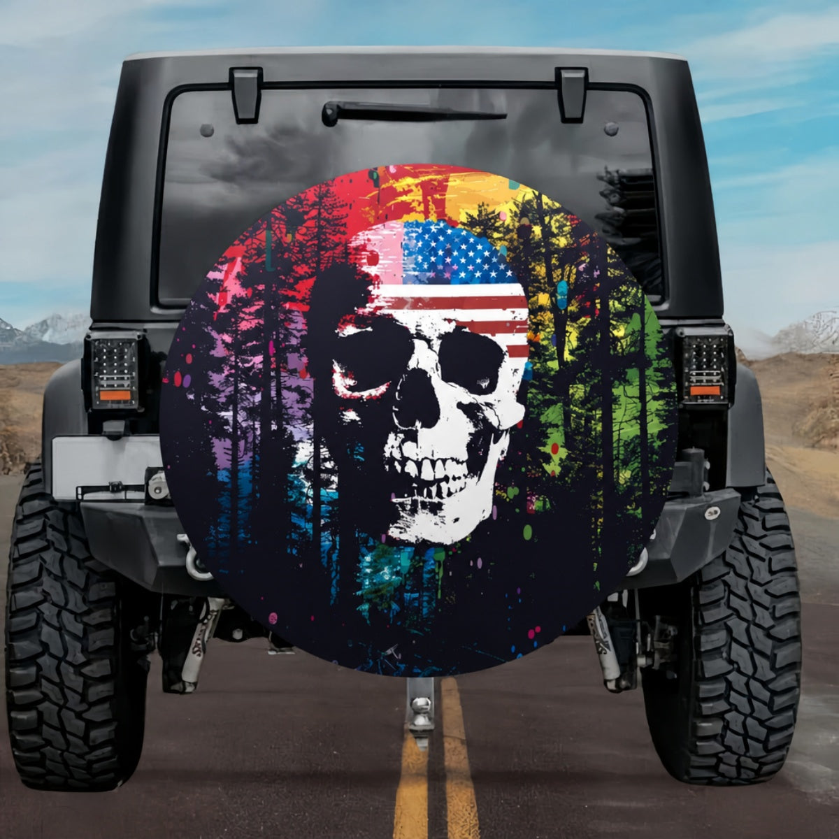Patriotic Skull & Forest Silhouette Spare Tire Cover