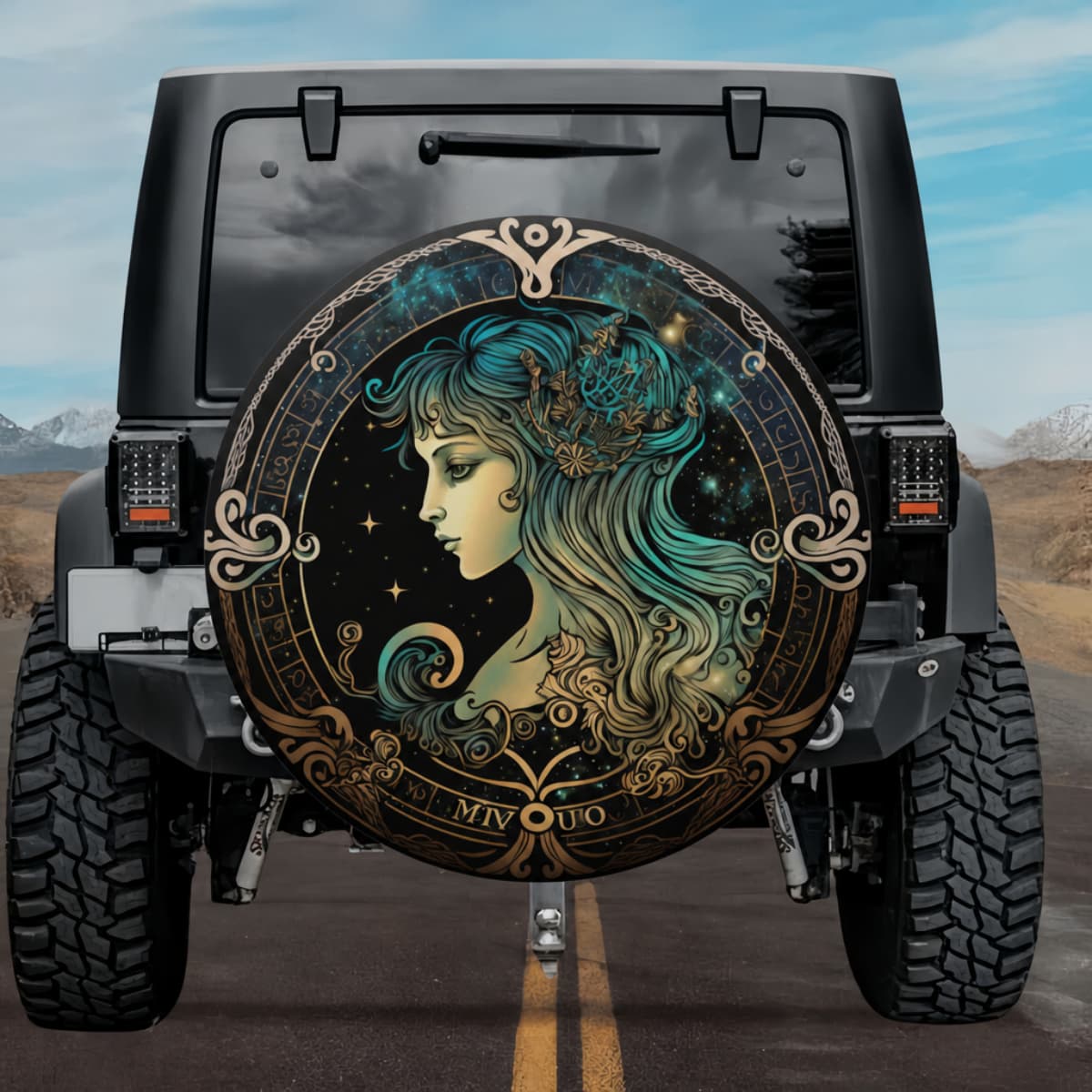 Virgo Guardian: Art Nouveau Celestial Goddess Spare Tire Cover