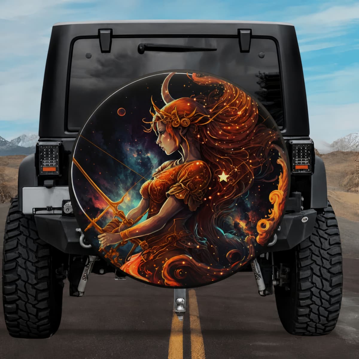 Cosmic Huntress Sagittarius: Art Nouveau Celestial Spare Tire Cover