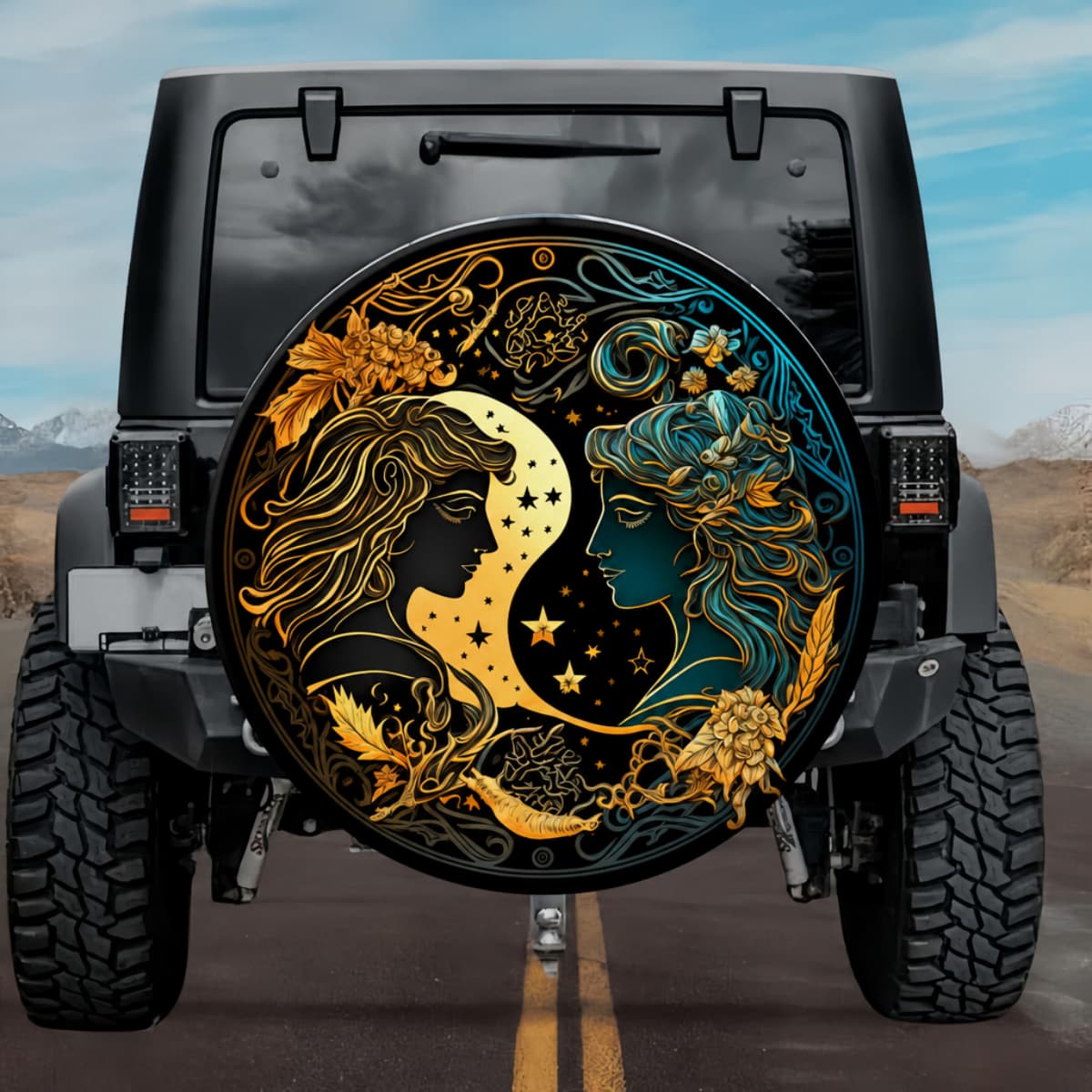 Gemini Twins: Art Nouveau Celestial Zodiac Spare Tire Cover