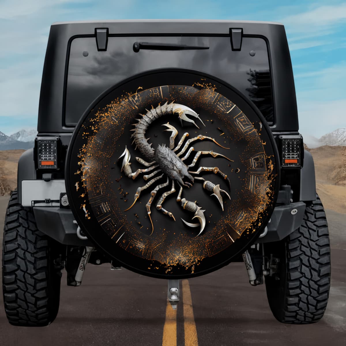 Scorpio Guardian: Gothic Metallic Celestial Zodiac Spare Tire Cover