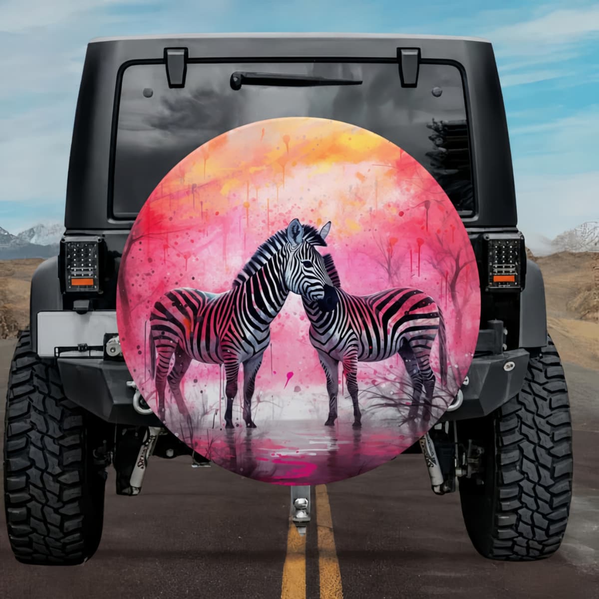 Zebra Soulmates: Romantic Pink Sunset Spare Tire Cover