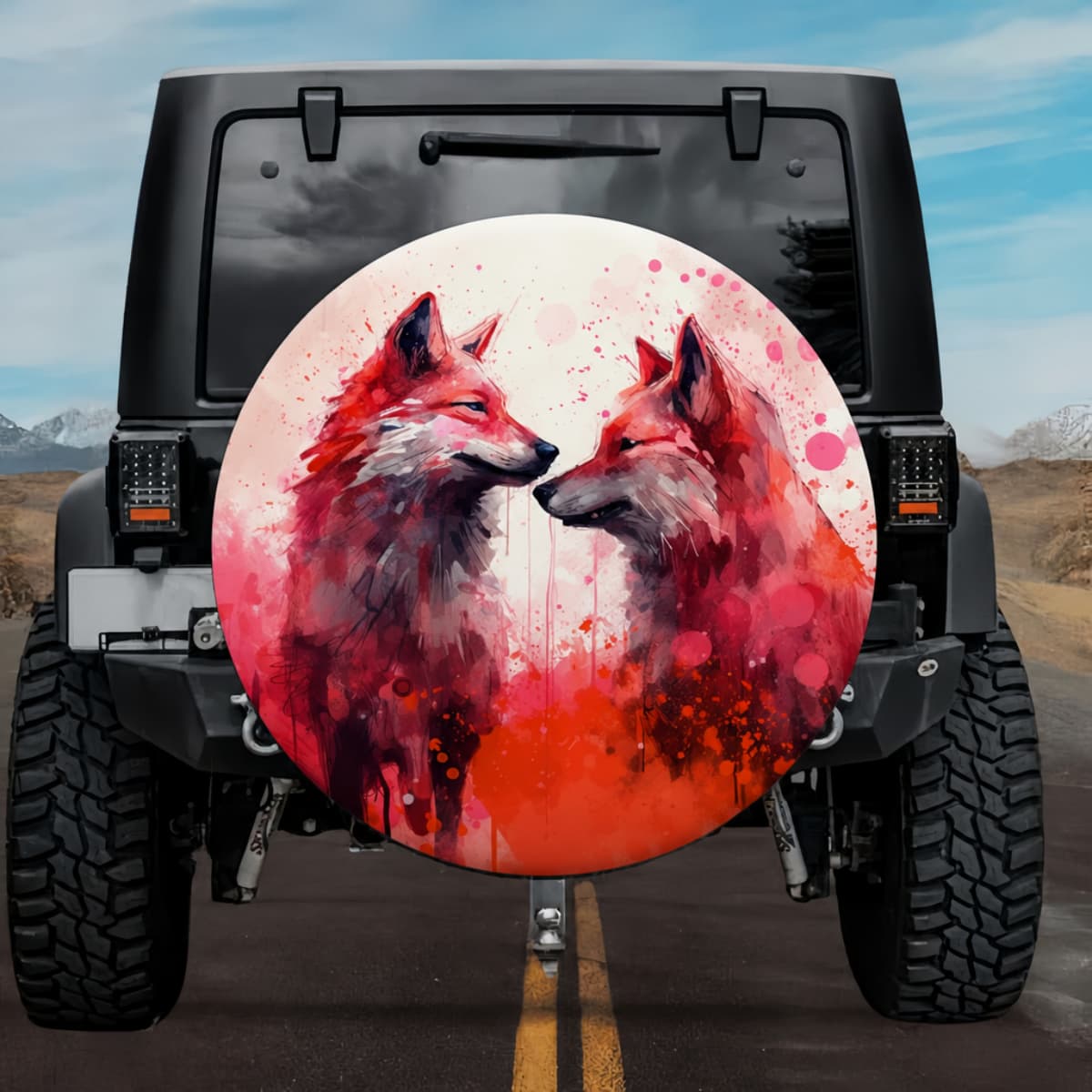 Red Wolf Soulmates: Vibrant Crimson Drips Spare Tire Cover