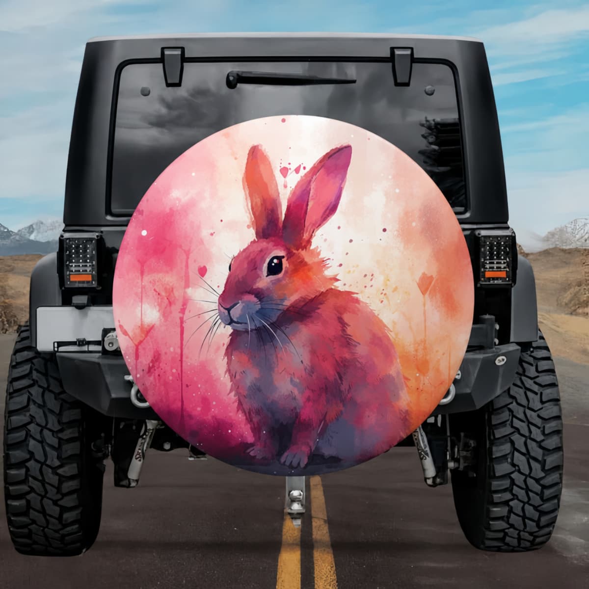 Whimsical Cottontail: Vibrant Watercolor Bunny Spare Tire Cover