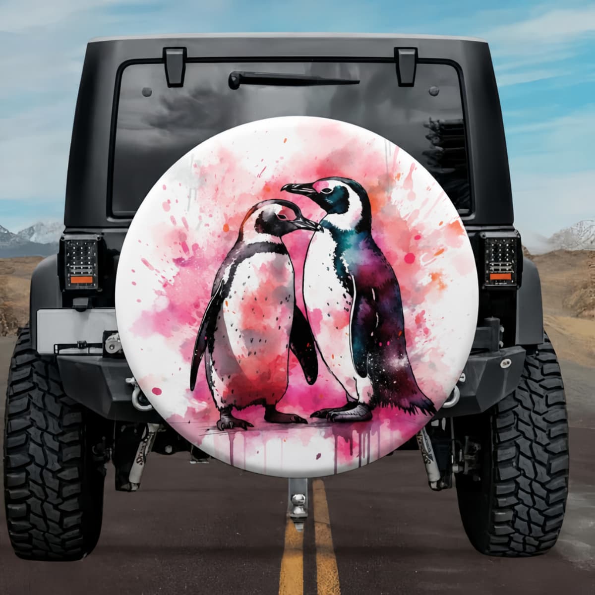 Penguin Soulmates: Vibrant Watercolor Pink Sunset Spare Tire Cover