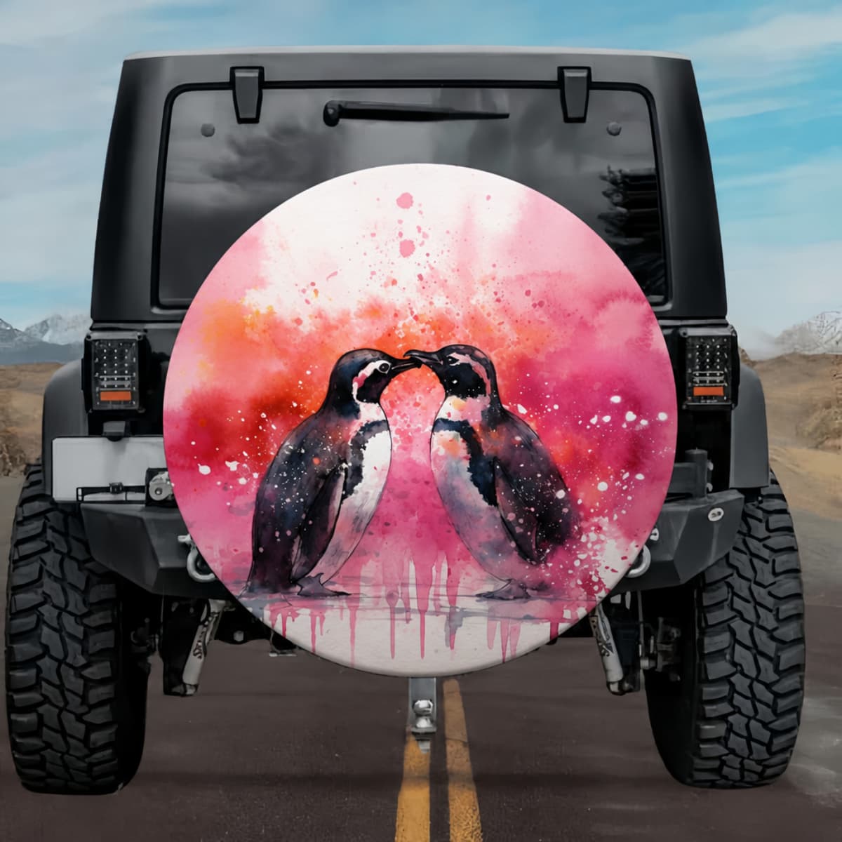 Penguin Kiss: Romantic Pink Sunset Watercolor Spare Tire Cover