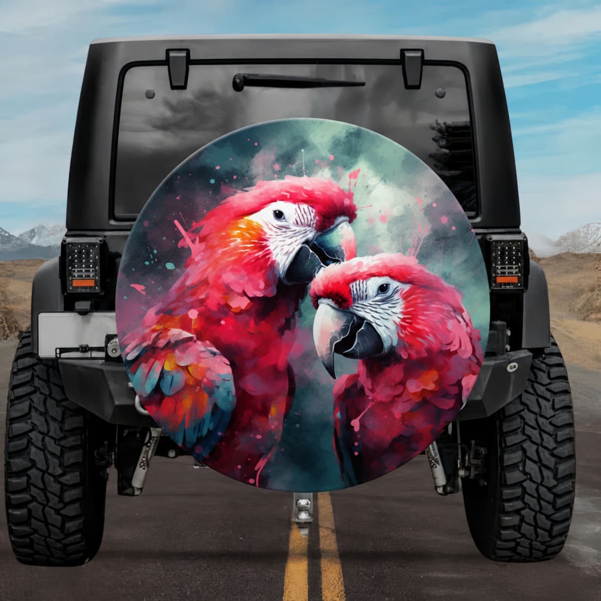 Macaw Soulmates: Romantic Tropical Watercolor Spare Tire Cover