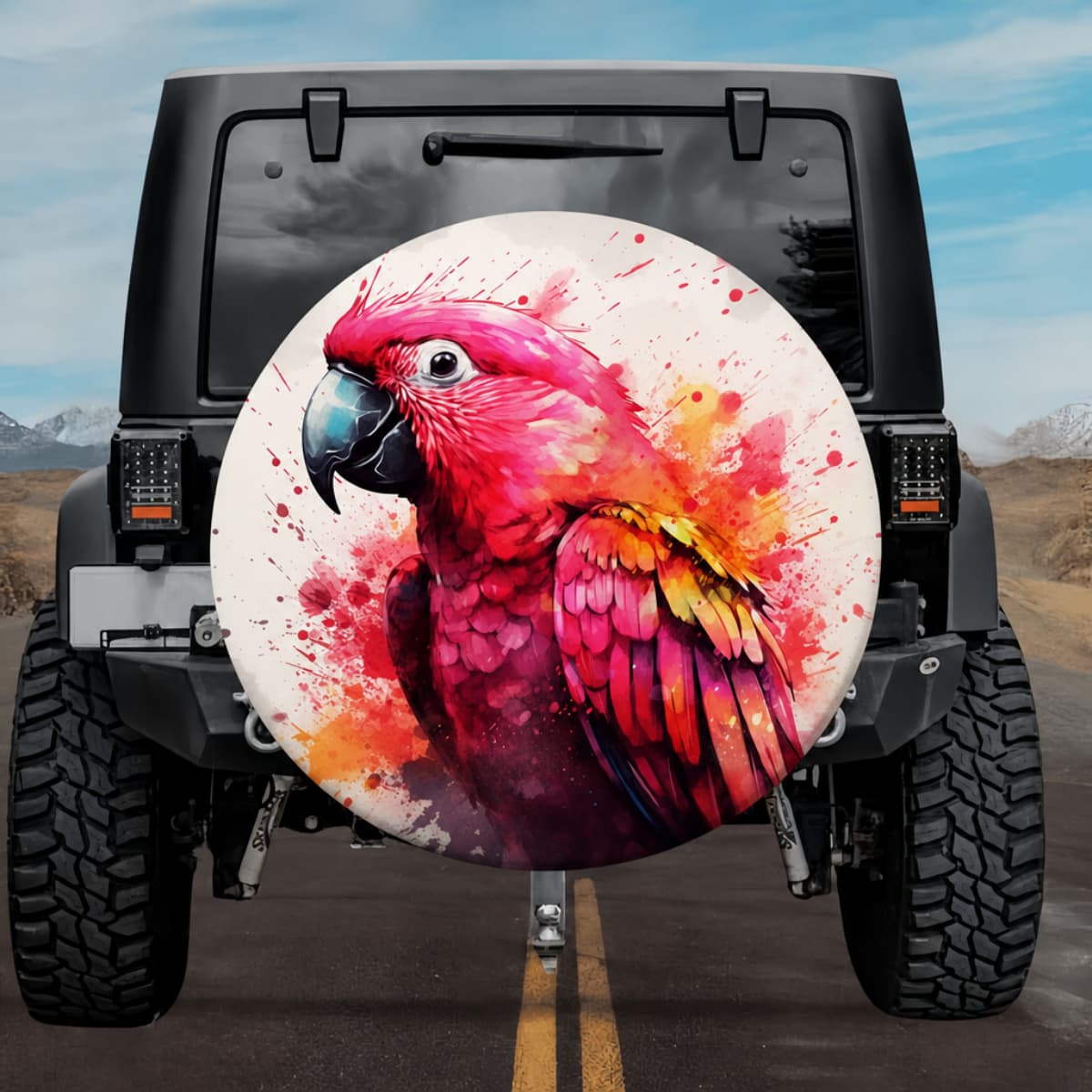 Vibrant Paint Splash Macaw: Tropical Paradise Watercolor Spare Tire Cover