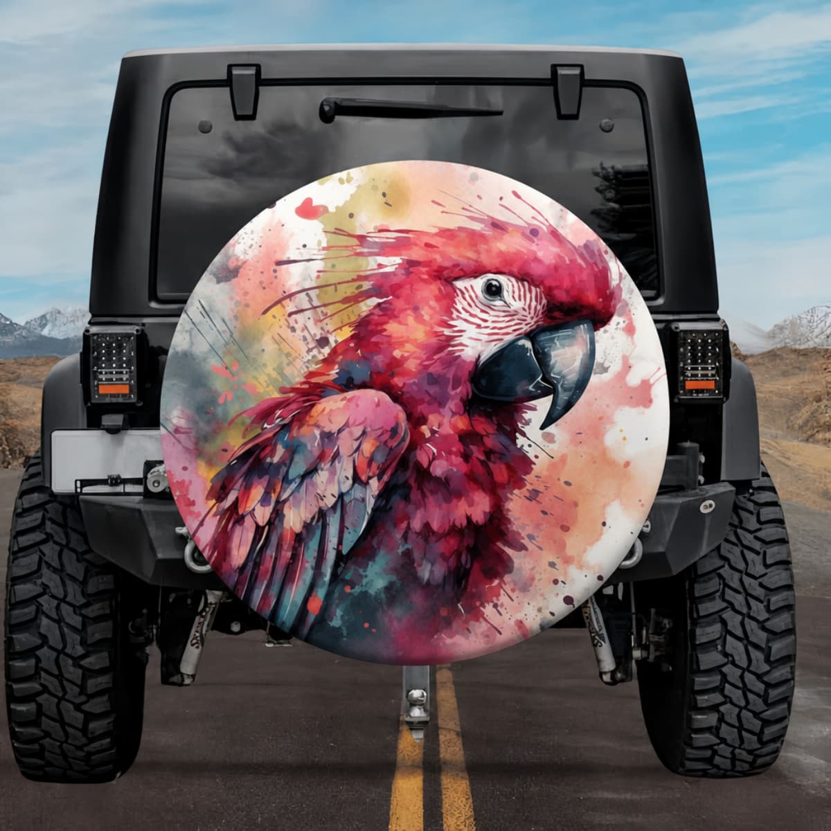 Vibrant Splatter Macaw: Tropical Paradise Watercolor Spare Tire Cover