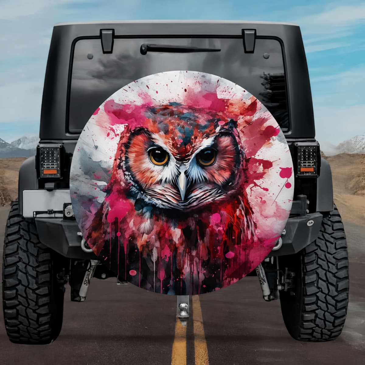 Piercing Gaze Owl: Vibrant Paint Drips Spare Tire Cover