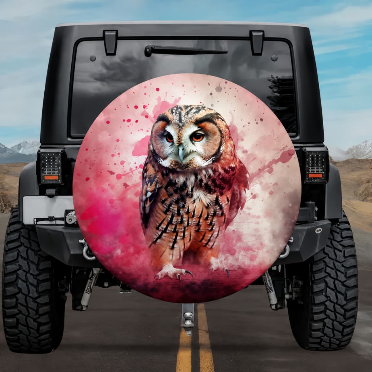 Fiery Gaze Owl: Vibrant Crimson Splatter Spare Tire Cover