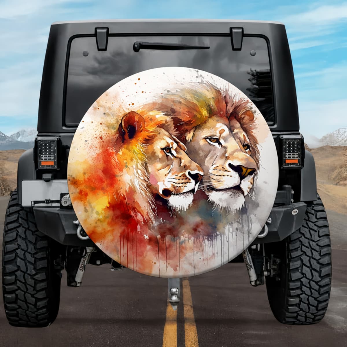 Majestic Lion Pride: Royal Couple Watercolor Spare Tire Cover
