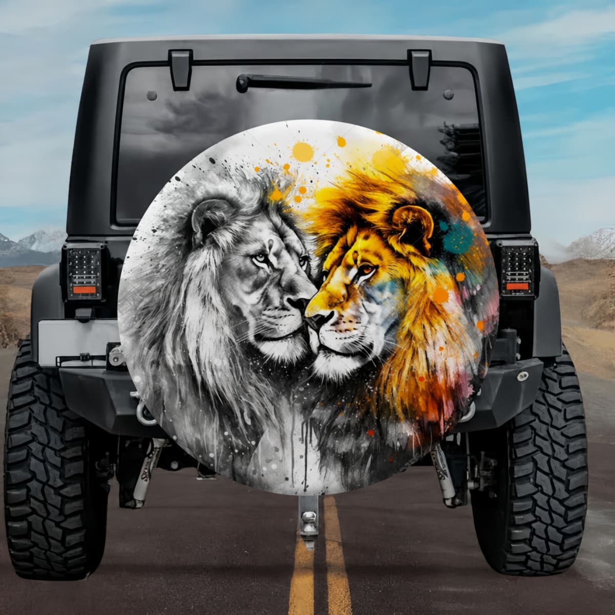 Lion Soulmates: Dual-Style Affectionate Couple Spare Tire Cover