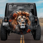Piercing Gaze Lion: Moody Charcoal & Crimson Blossom Spare Tire Cover