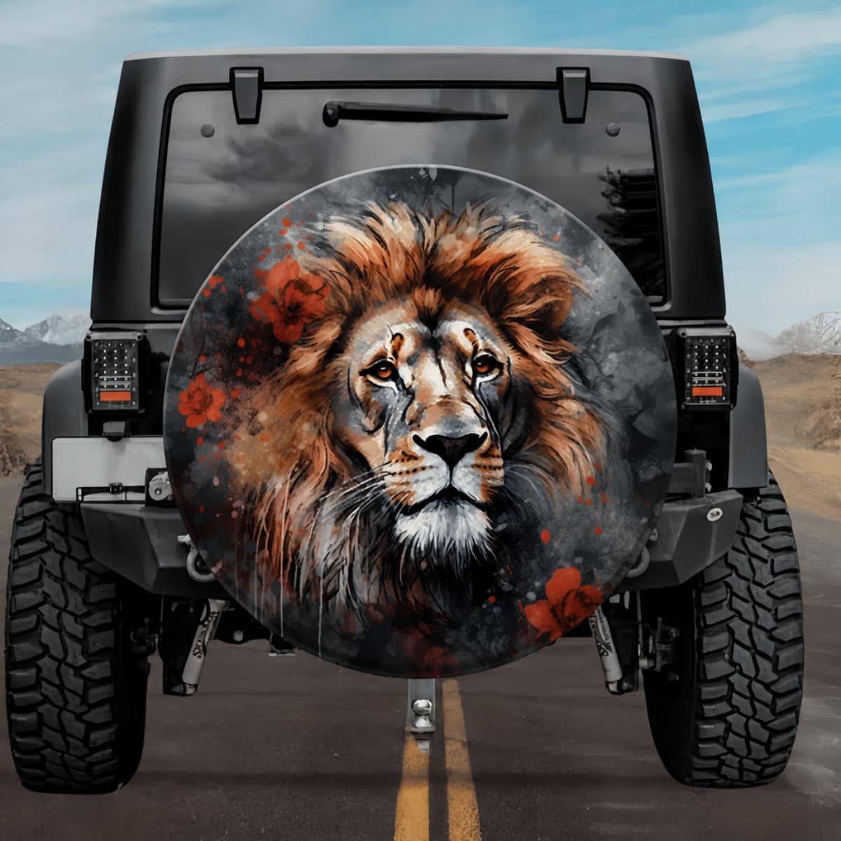 Piercing Gaze Lion: Moody Charcoal & Crimson Blossom Spare Tire Cover
