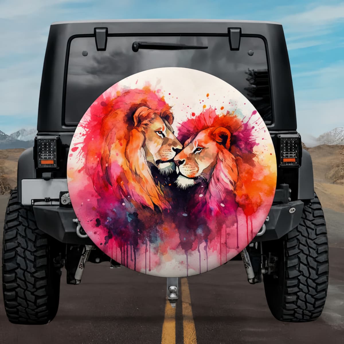 The Royal Kiss: Romantic Fiery Watercolor Lions Spare Tire Cover