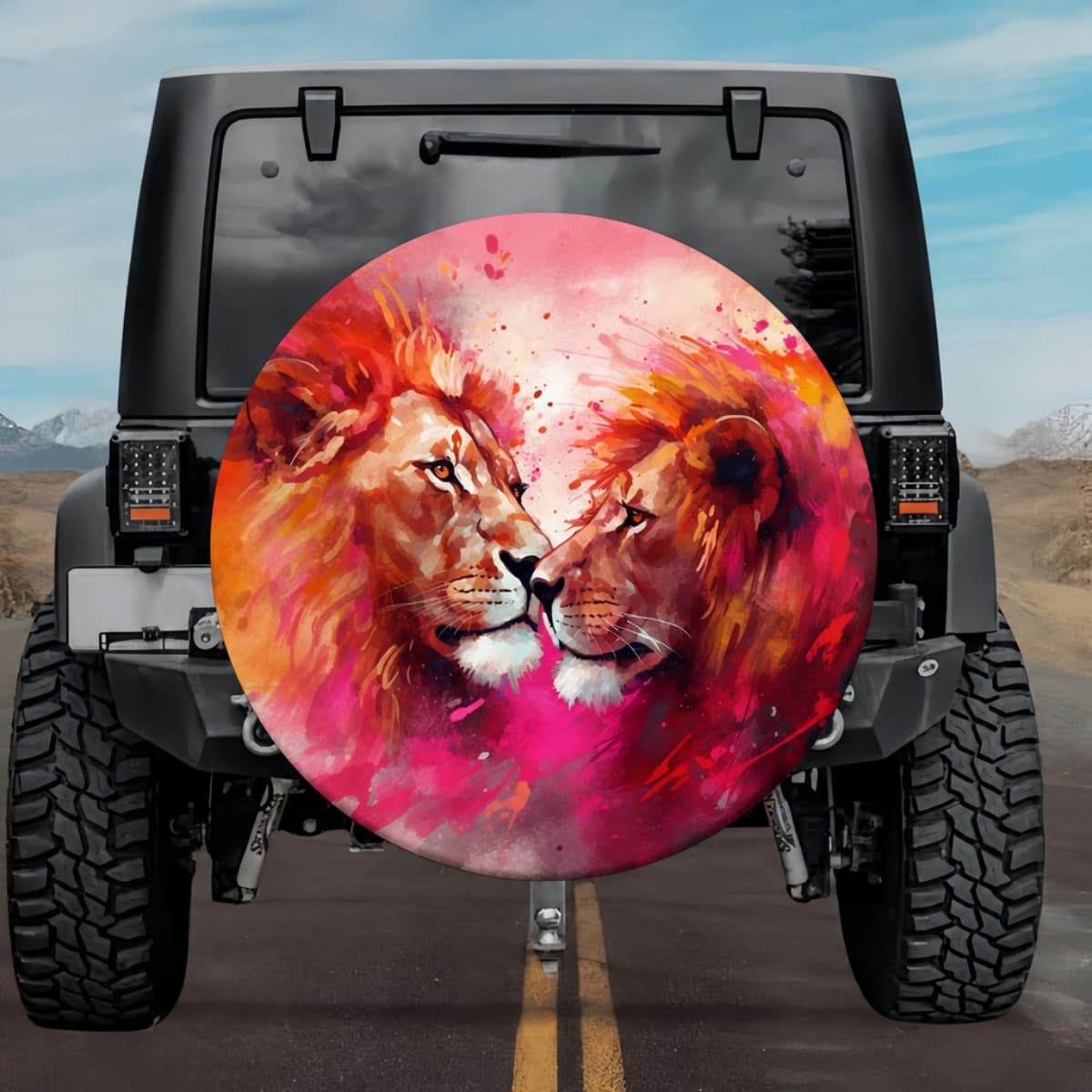 The Royal Glow: Lion Soulmates Watercolor Spare Tire Cover