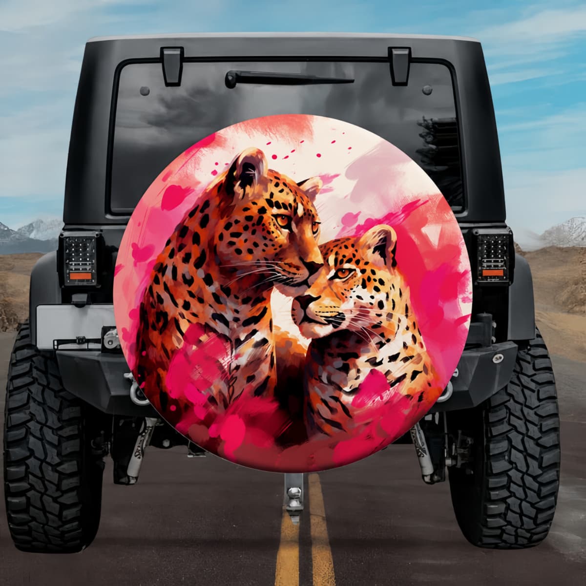 Leopard Soulmates: Romantic Magenta Watercolor Spare Tire Cover