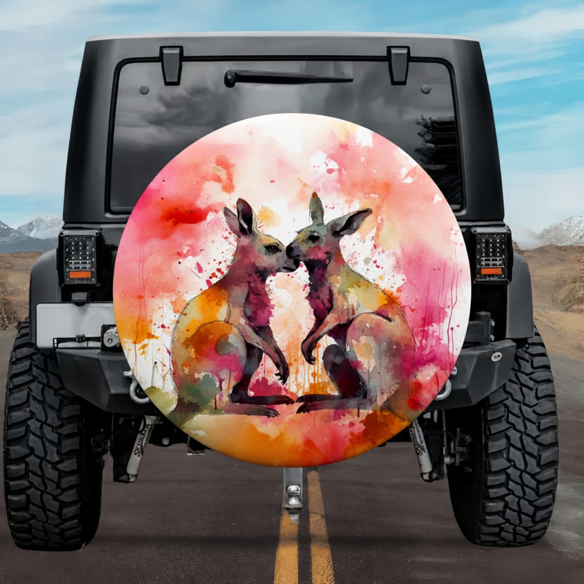 Kangaroo Kiss: Romantic Pink Sunset Watercolor Spare Tire Cover