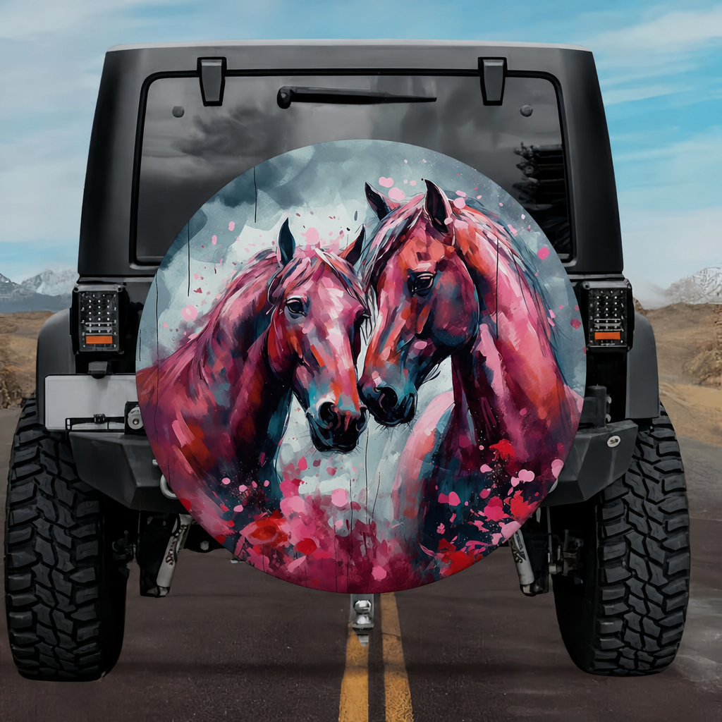 Midnight Soulmates: Dark Magenta Twin Horses Spare Tire Cover
