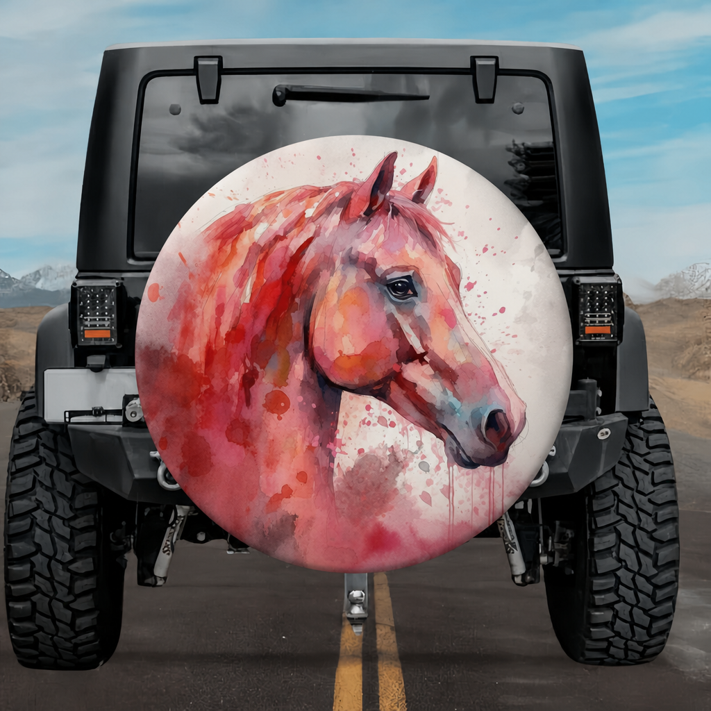 Wild Spirit: Crimson Stallion Watercolor Spare Tire Cover