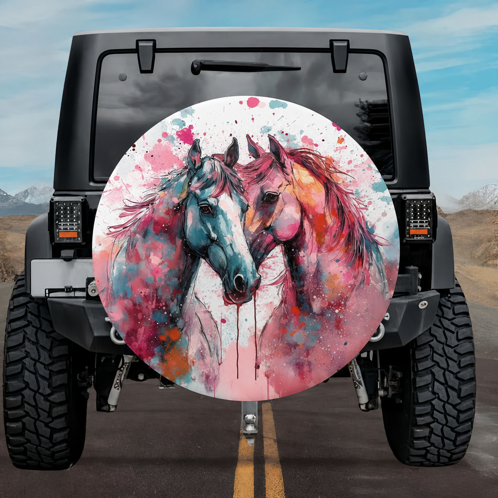 Teal & Rose Soulmates: Romantic Horses Spare Tire Cover