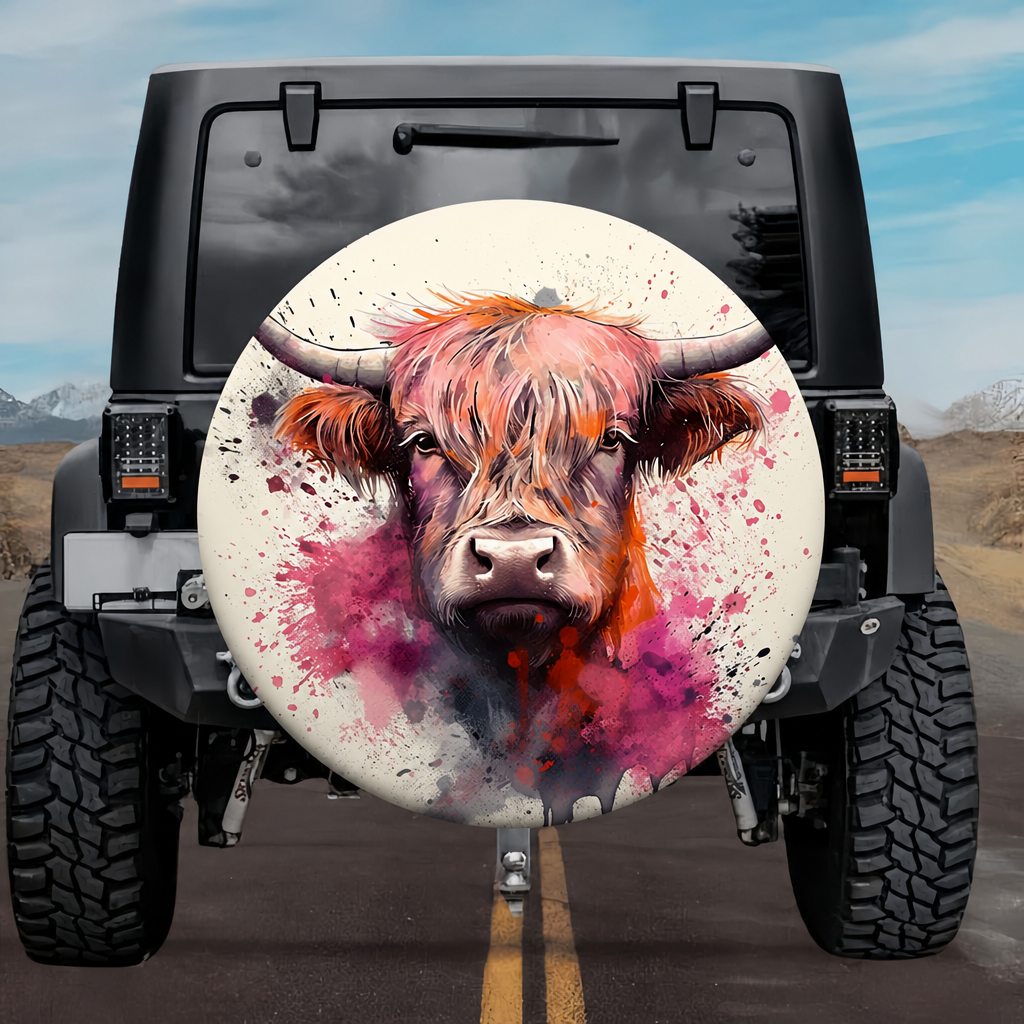 Highland Majesty: Creative Watercolor Spare Tire Cover