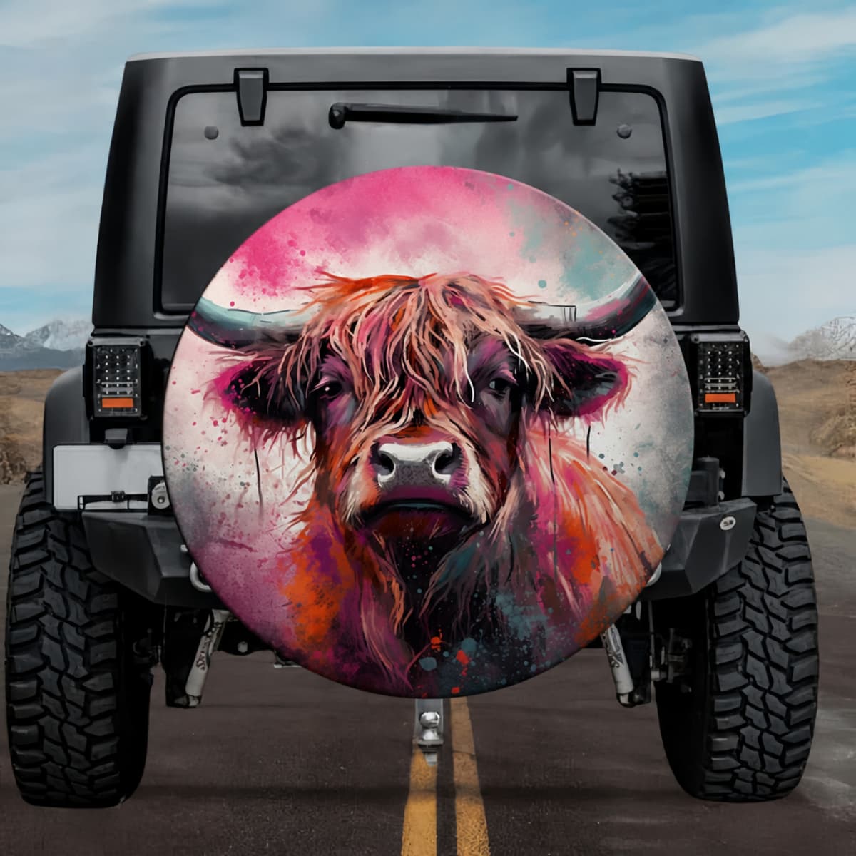 Highland Dreamscape: Creative Watercolor Spare Tire Cover