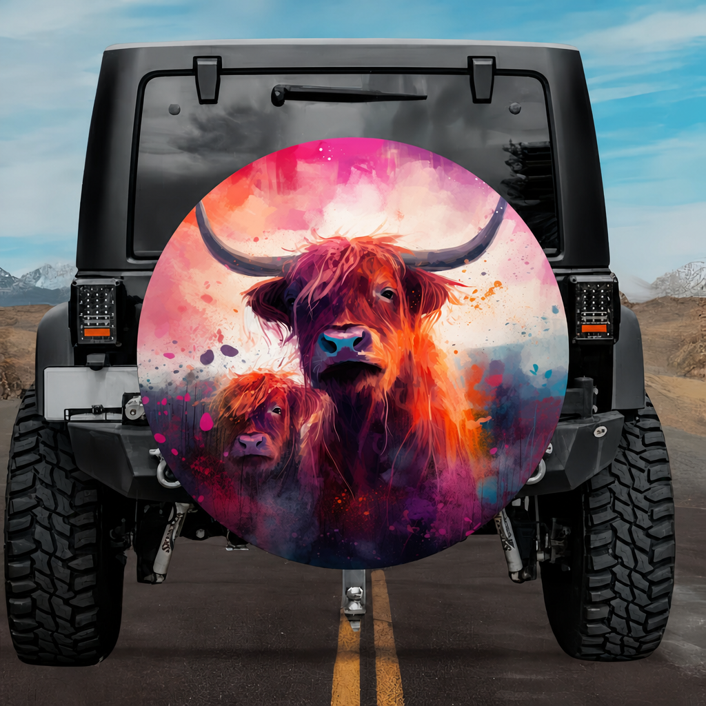 Highland Matriarch: Creative Full-Bleed Watercolor Spare Tire Cover