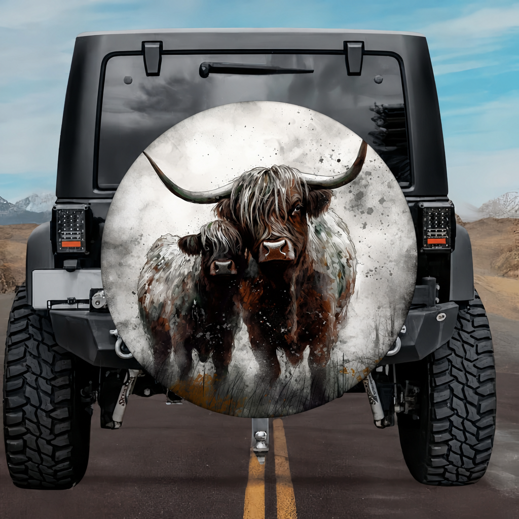 Highland Bond: Creative Charcoal Watercolor Spare Tire Cover