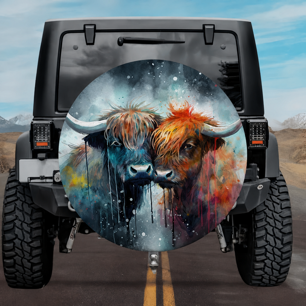 Highland Twin Flames: Creative Full-Bleed Watercolor Spare Tire Cover