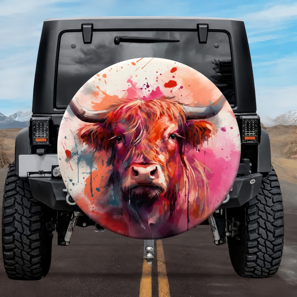 Sunset Watercolor Highland Cow Spare Tire Cover