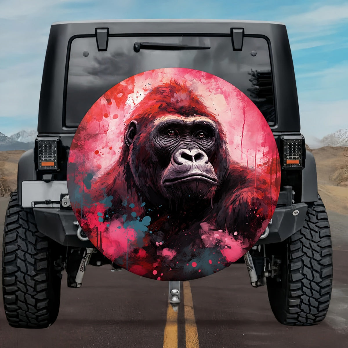 Crimson & Teal Watercolor Gorilla Spare Tire Cover