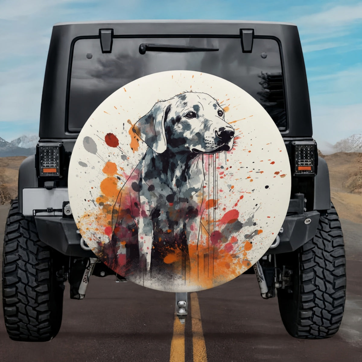 Sunset Orange Watercolor Dalmatian Spare Tire Cover
