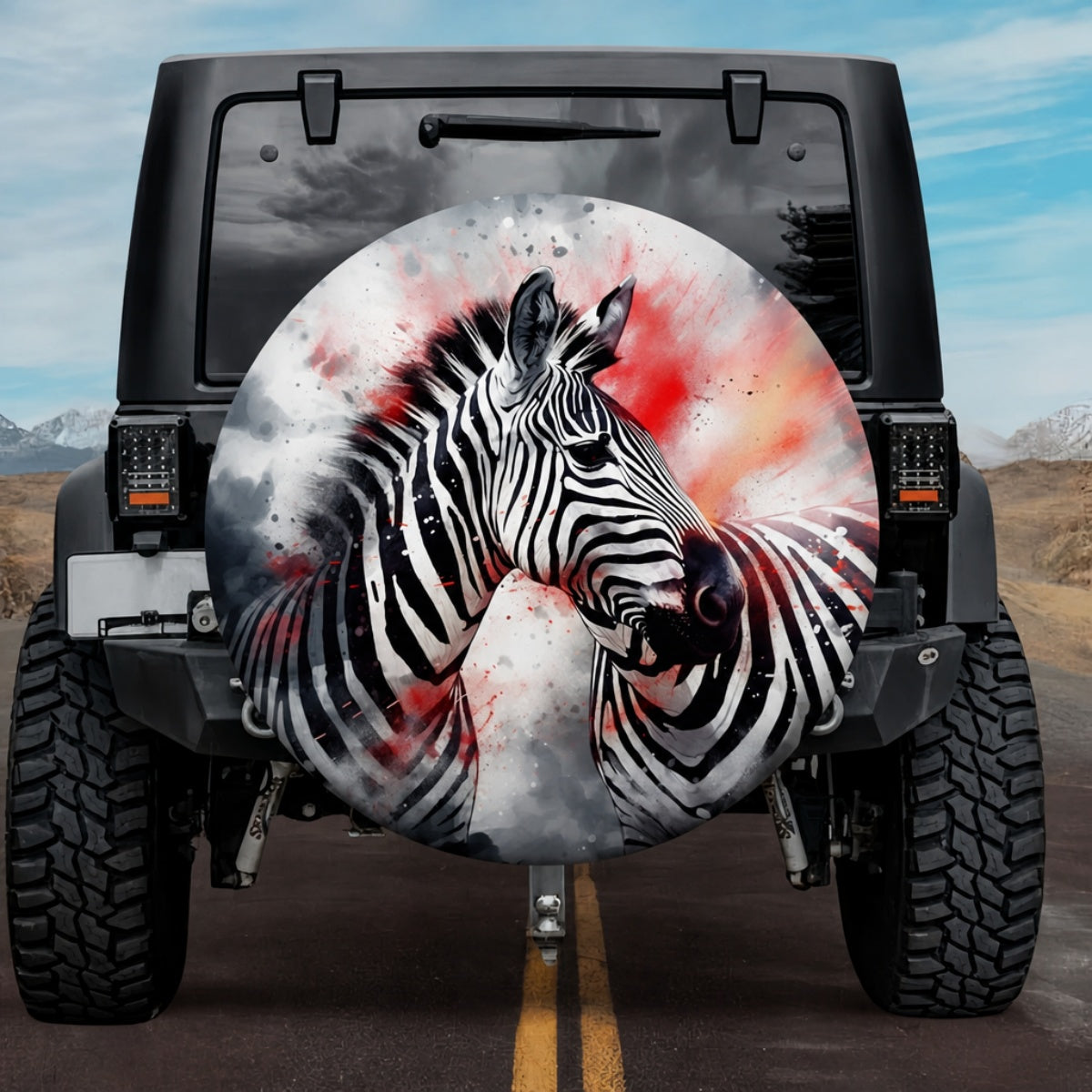 Vibrant Red Watercolor Zebra Spare Tire Cover