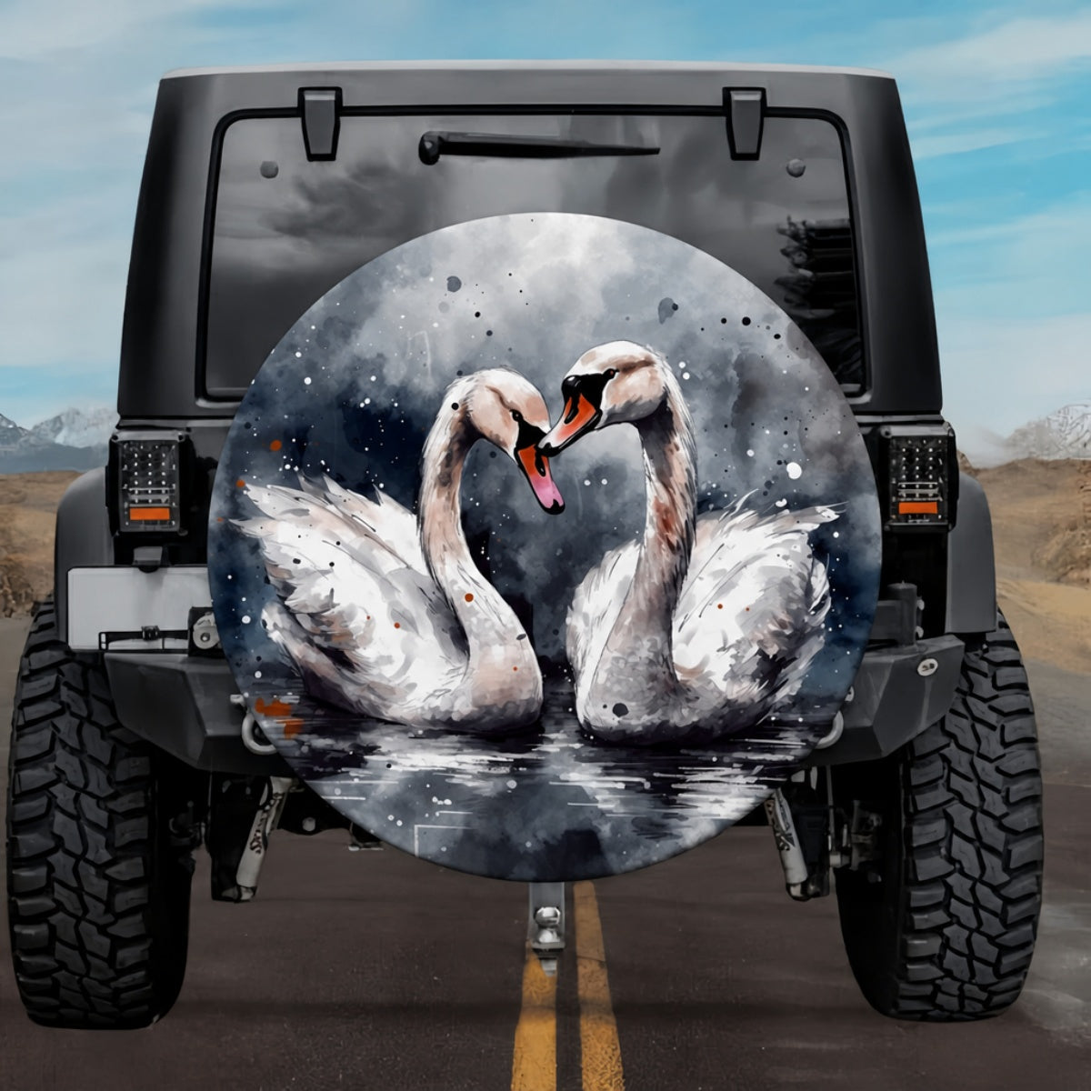 Soulmates of The Blue Lake Watercolor Swan Tire Cover