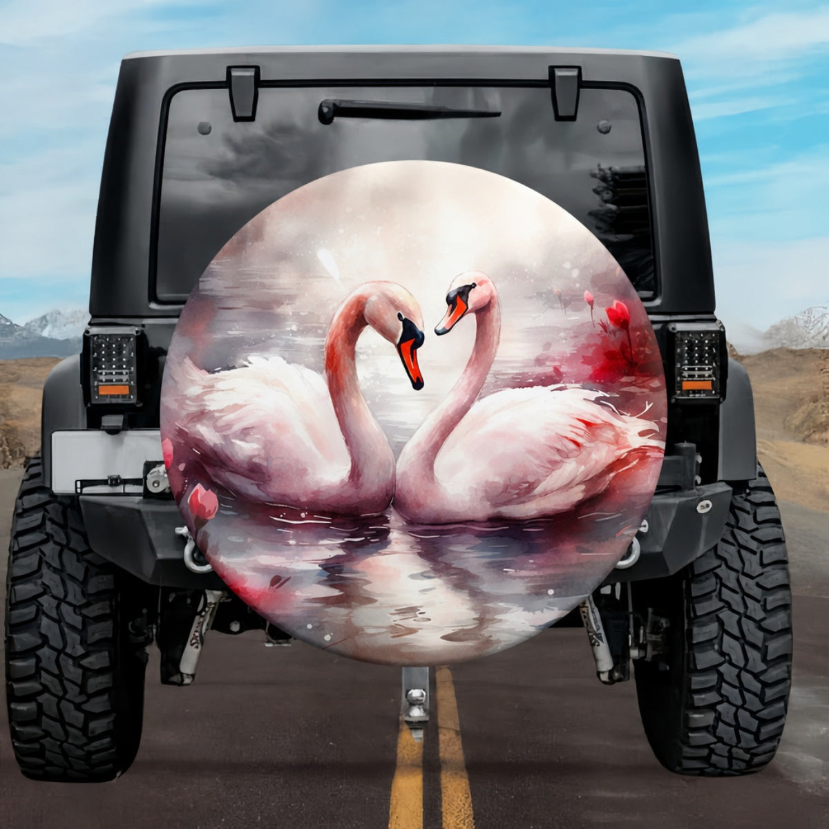 Soulmates of The Pink Lake Watercolor Swan Tire Cover