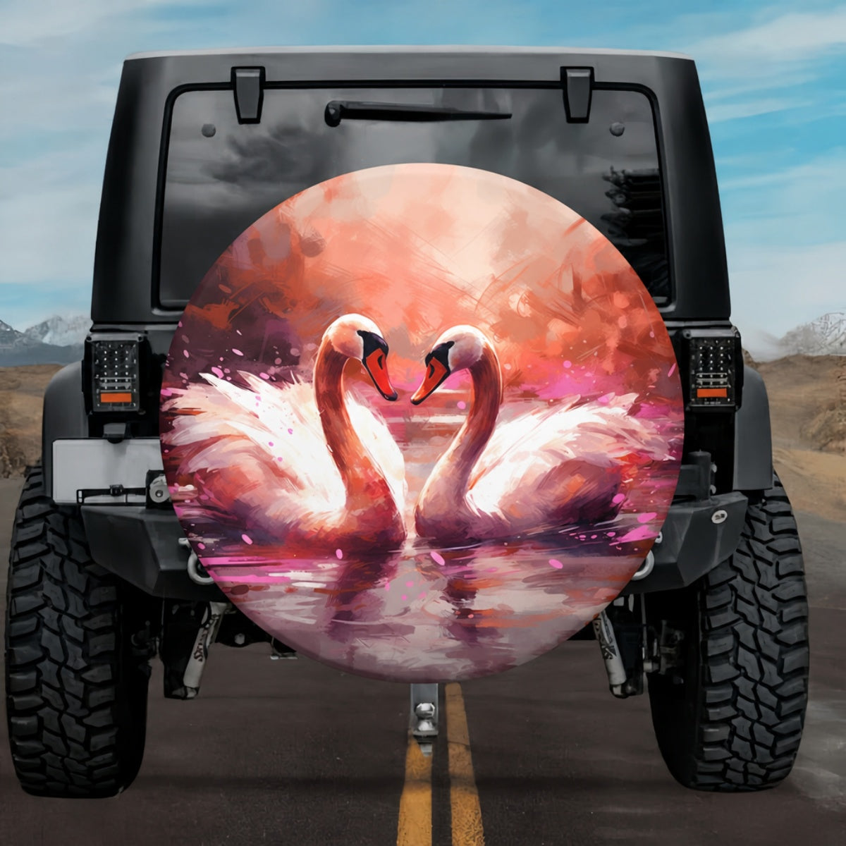Soulmates of The Sunset Lake Watercolor Swan Tire Cover