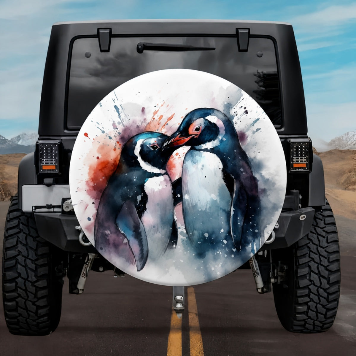 Soulmates of The Arctic Sky Watercolor Penguin Tire Cover