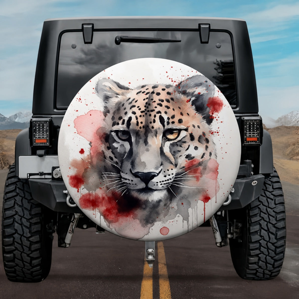 Crimson Splash Leopard Portrait Spare Tire Cover
