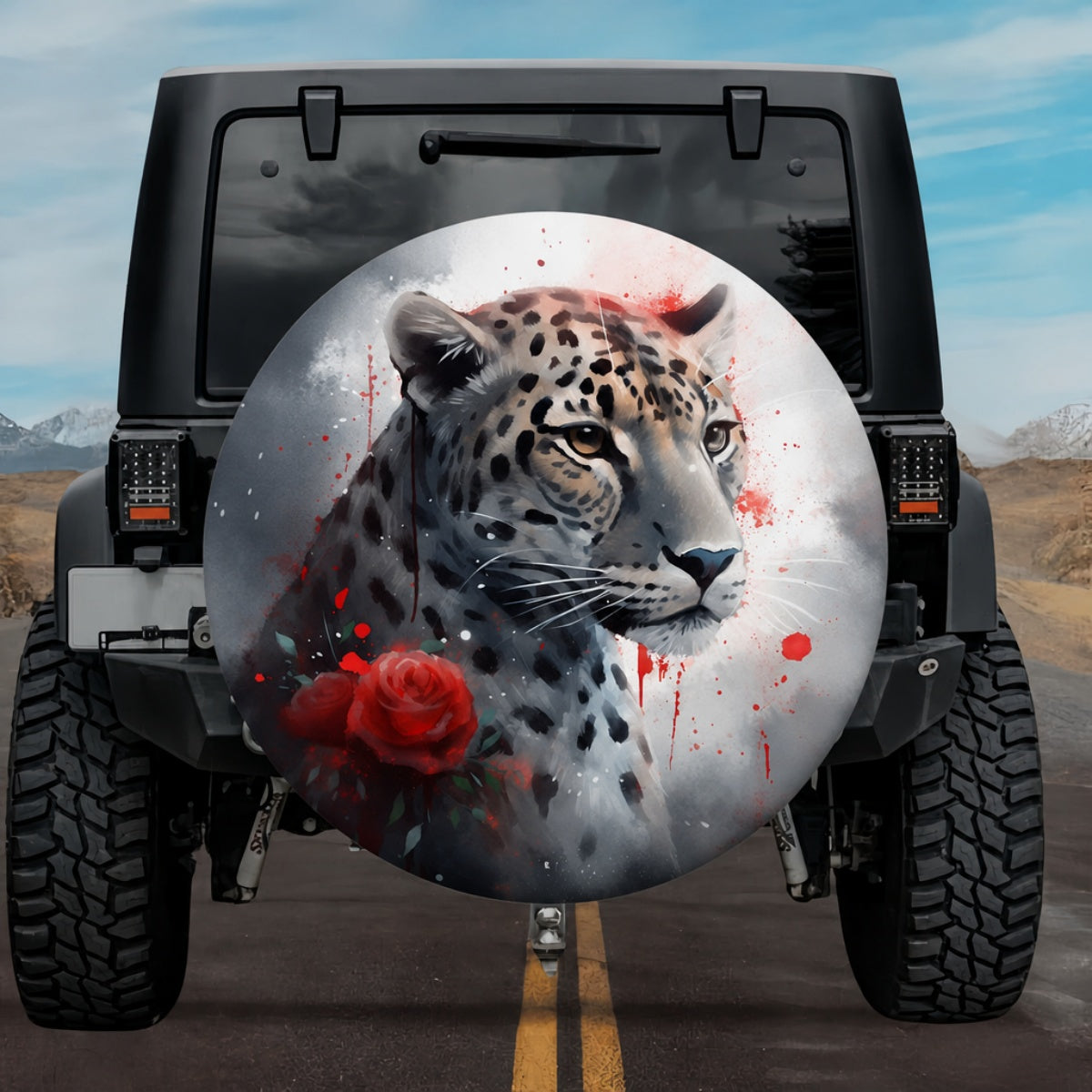 Crimson Rose Leopard Portrait Spare Tire Cover