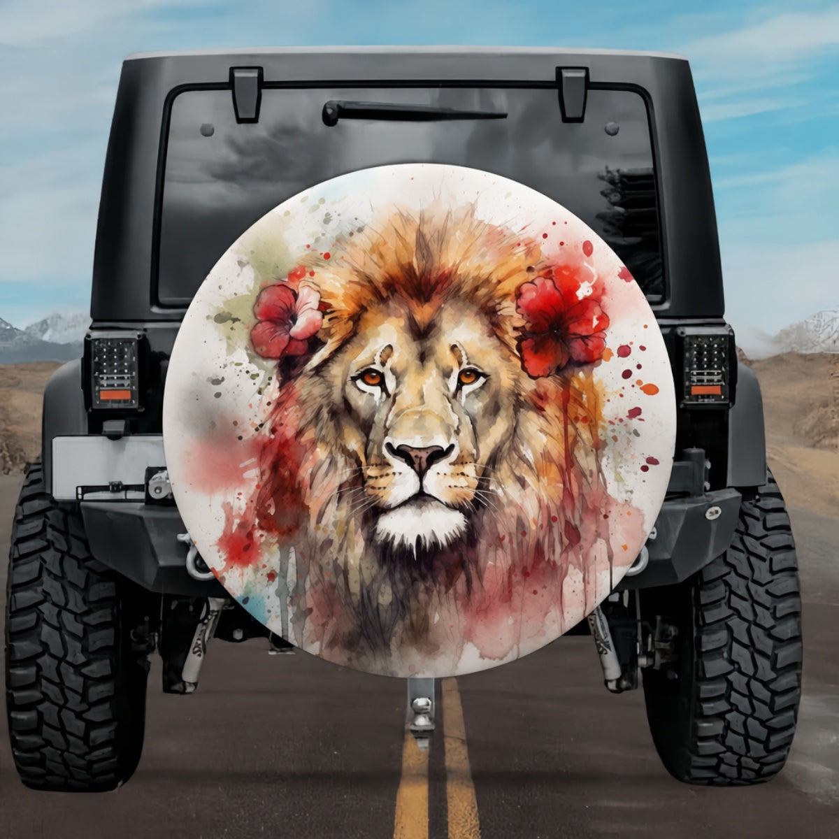 Crimson Floral Lion Portrait Spare Tire Cover