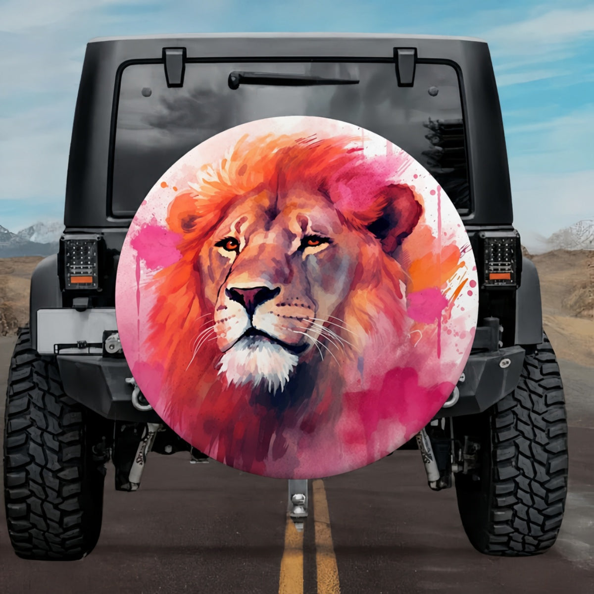 Vibrant Orange and Pink Lion Spare Tire Cover