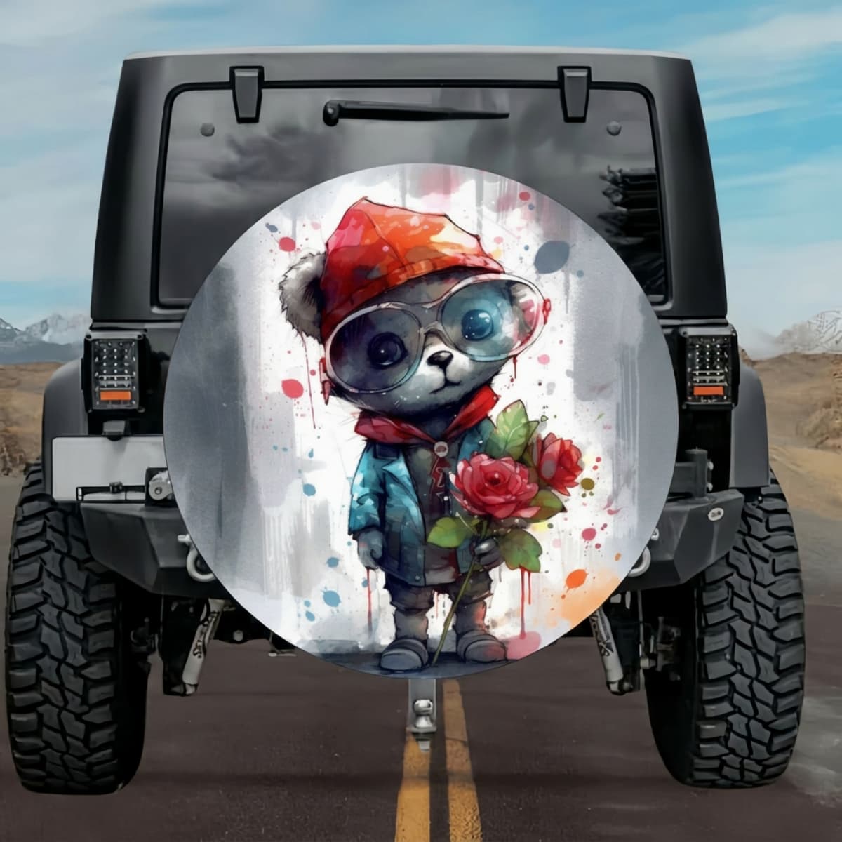 Cool Teddy Bear with Roses Spare Tire Cover
