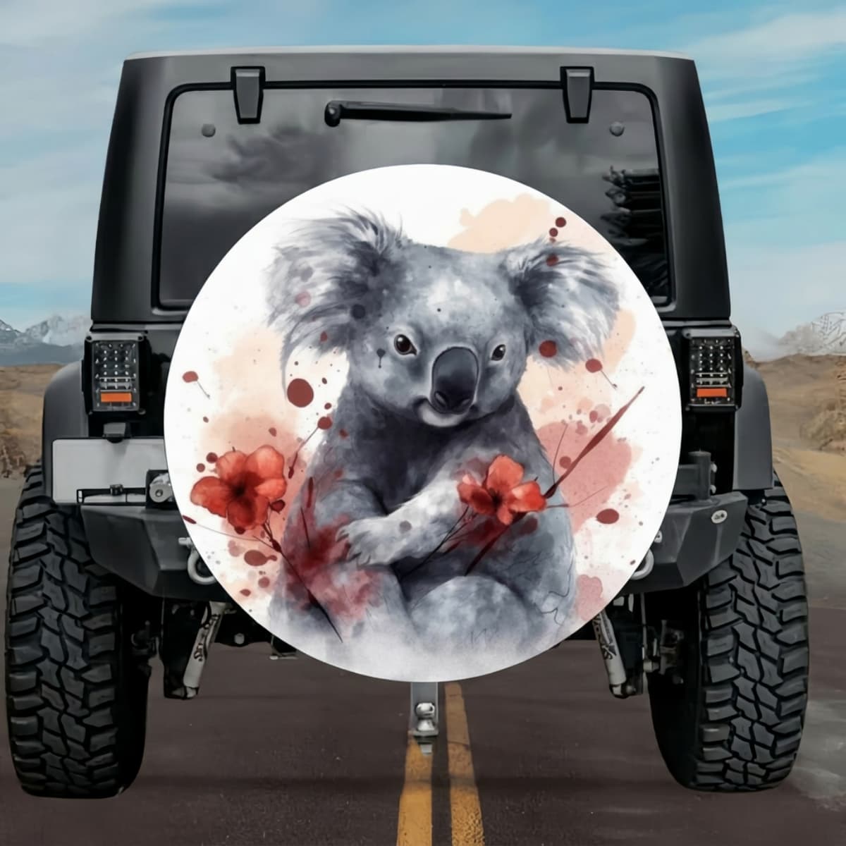 Crimson Floral Koala Portrait Spare Tire Cover