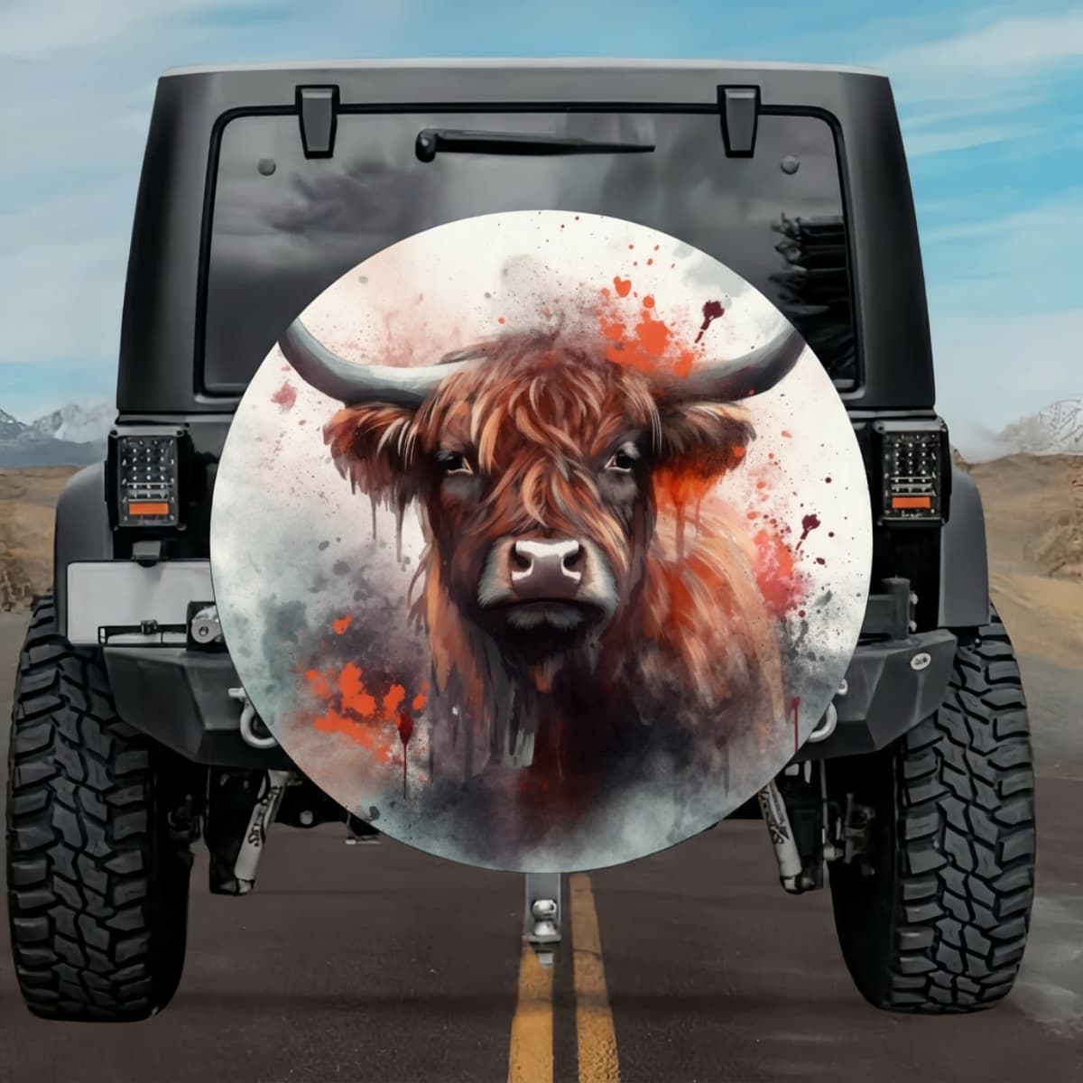 Fiery Orange Highland Cow Watercolor Spare Tire Cover