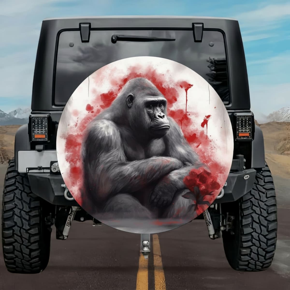 Red Flowers and Silverback Gorilla Wheel Cover for Jeep Wrangler