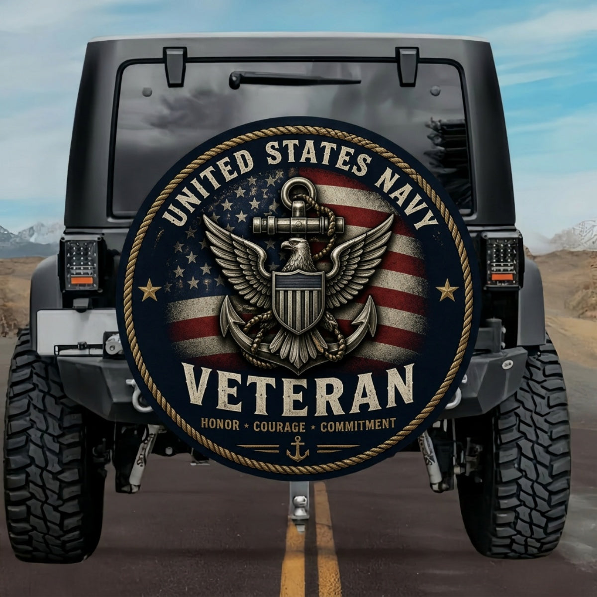 High-Contrast 3D Metal US Navy Veteran Tire Cover